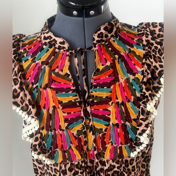 THML Boho Leopard Print Embroidered Tassel Top Sz S Ruffle Sleeve Festival Chic - Picture 2 of 16